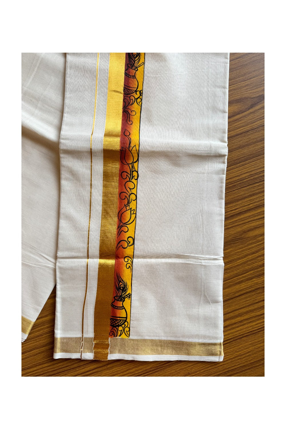 30% Discount! KaithariKada Balaramapuram 100% Cotton off white Double - (Unbleached) Mundu/Dhoti-80x72- Gold Kasavu HAND PAINTED Yellow Orange Flower Pattern 2.75 inch Kara - 12KK424CEE