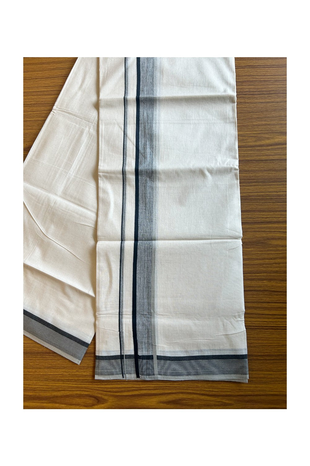 15% DISCOUNT! KaithariKada Balaramapuram 100% Cotton Double Off white Mundu/Dhoti-100x90 2.5inch Black Shaded kara - 12KK431VAS