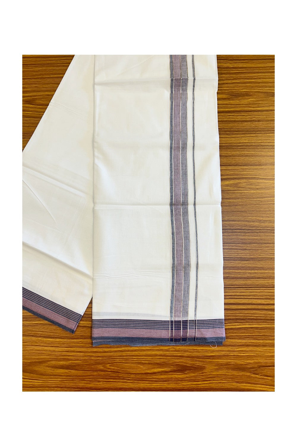 19% DISCOUNT!!! KaithariKada Balaramapuram 100% Cotton PURE white Double Mundu/Dhoti-100x90   2 Inch Silver kasavu Navy blue & Pink shaded stripes kara  - 12KK448VIN