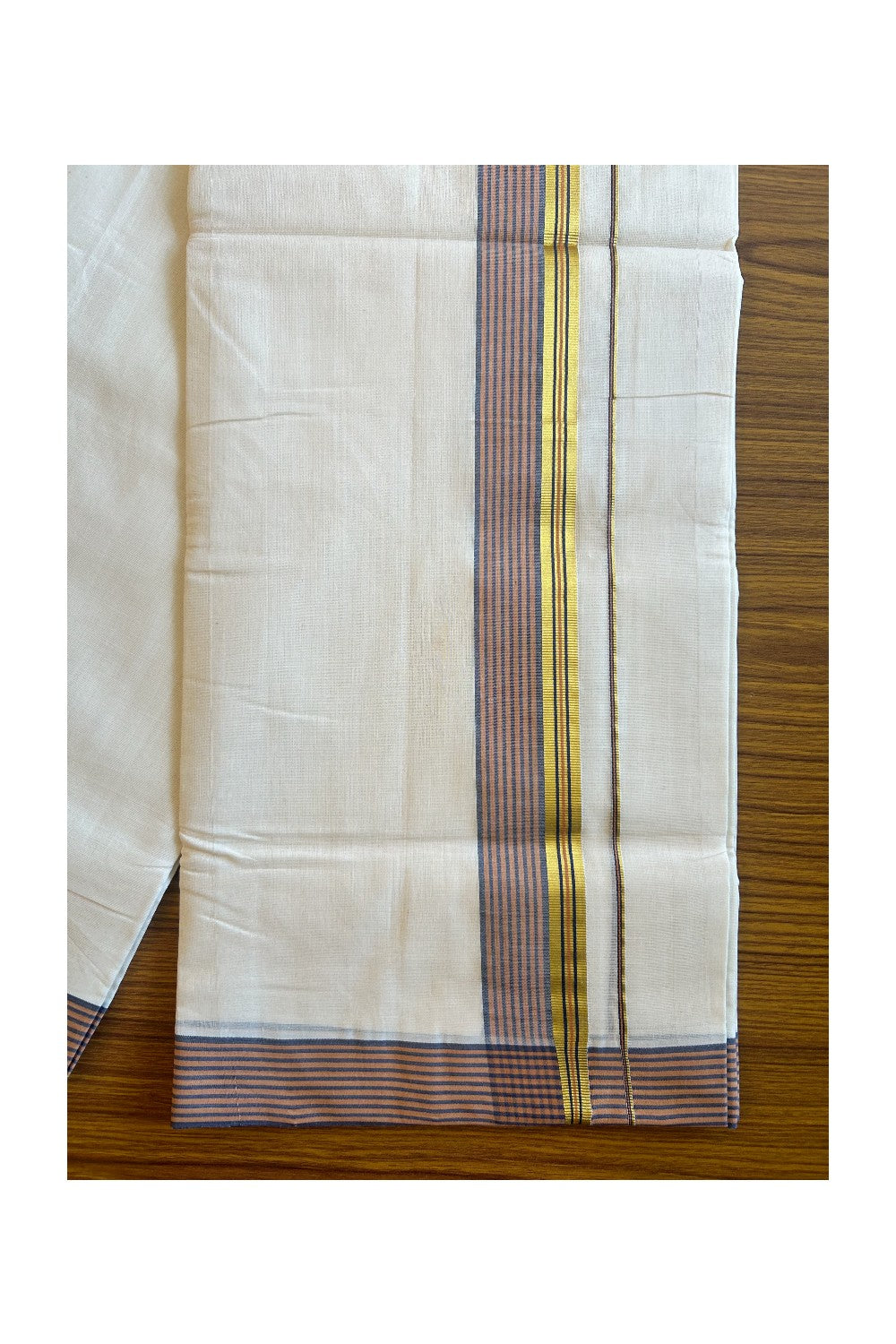 20% DISCOUNT!! KaithariKada HANDLOOM UNAKKUPAAV Balaramapuram - 100% PURE Cotton OFF White (Unbleached) Double Mundu/Dothi - 2.5 Inch Kasavu  Navy blue & Brown stripes Kara - 12KK456KK