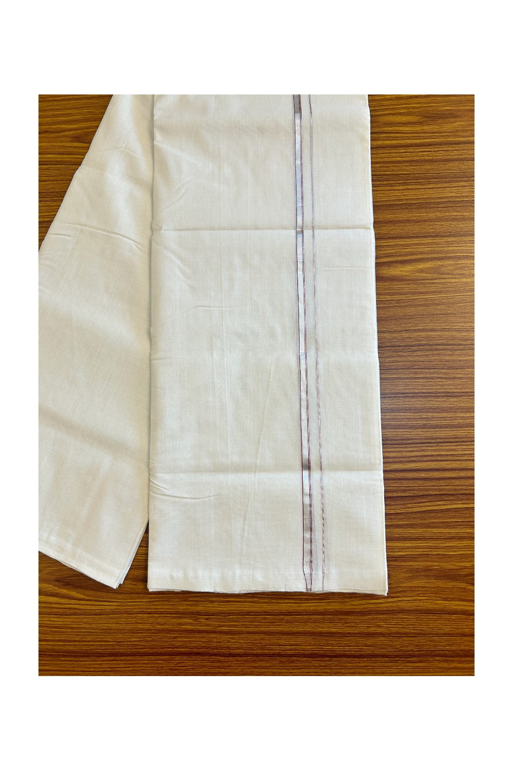 15% Discount!!! KaithariKada HANDLOOM UNAKKUPAAV Balaramapuram - 100% PURE Cotton off white (Unbleached) Double Mundu/Dhoti - 2 cm Silver kasavu red striped kara - 12KK458SOM