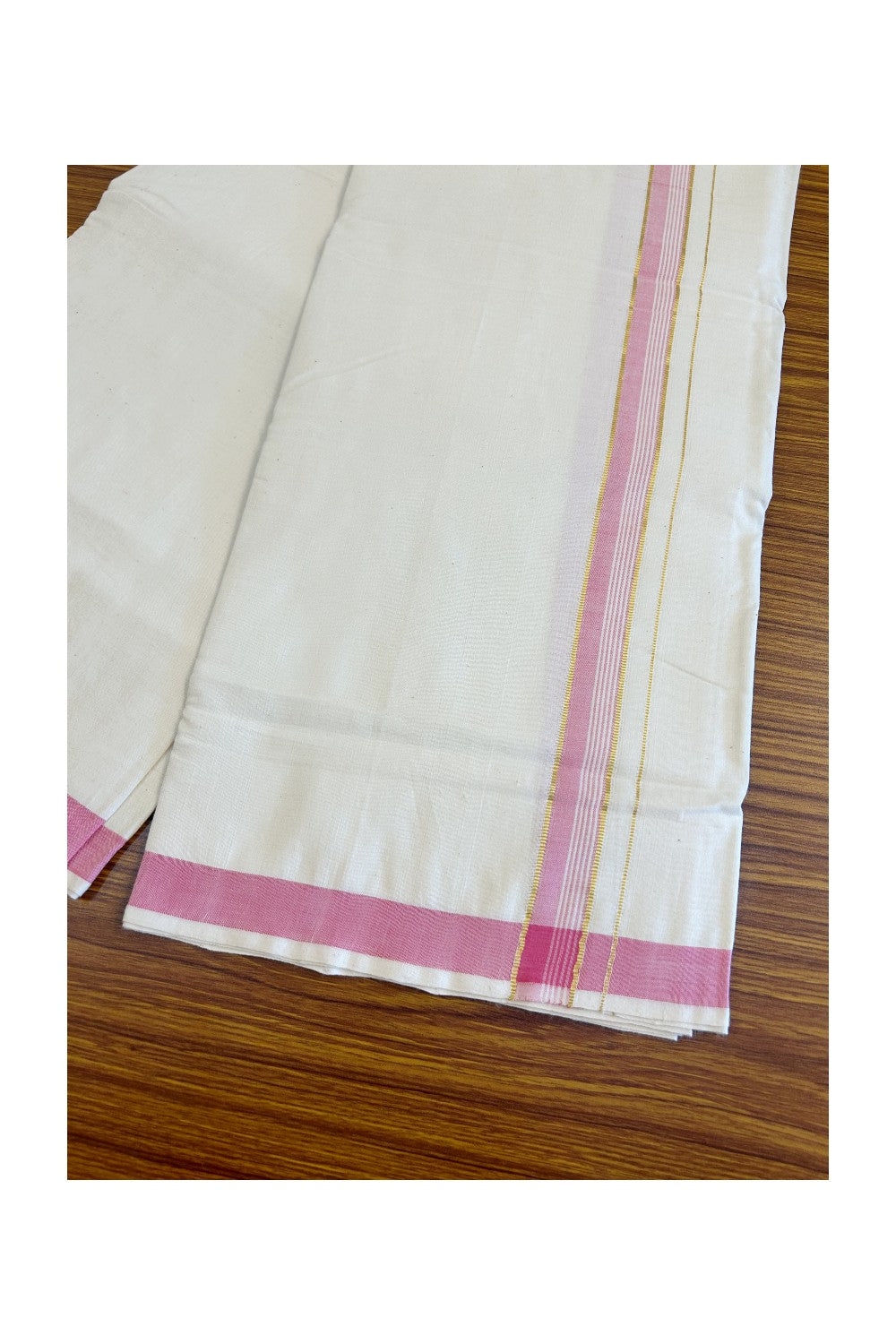 32% Discount KaithariKada 100% Cotton Balaramapuram HANDLOOM Single Mundu/Dhoti - Off White - (Unbleached) 1.5 inch Kasavu & Pink Striped Kara  - 12KK499KK