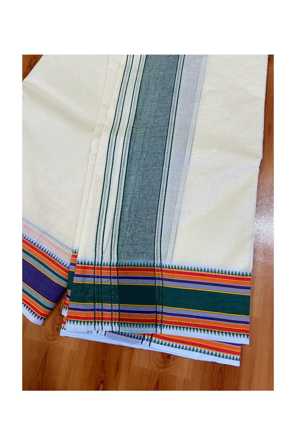 37% DISCOUNT! KaithariKada 100% Cotton Off White - (Unbleached) - Pure Cotton- 100x100 thread - NORTH INDIAN- ATTACHED GAMCHA 10x6 Dhoti Green kara with Violet Green & Orange Striped border -12KK5004PMC