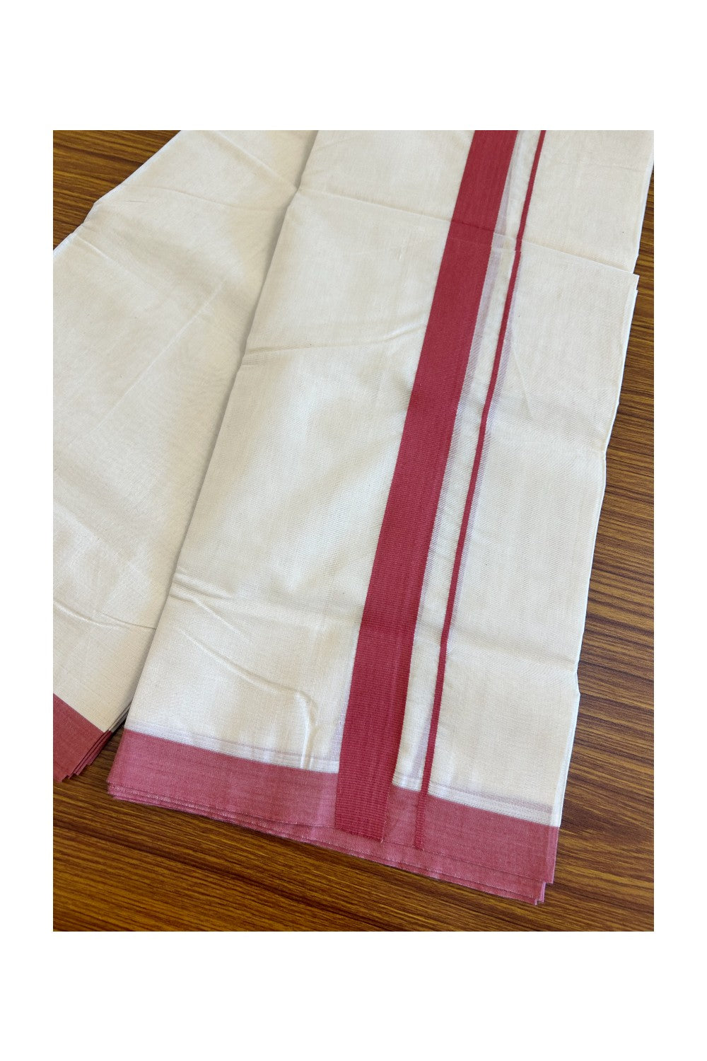 10% Discount KaithariKada Balaramapuram 100% Cotton Double Off white Mundu/Dhoti-100x100 1.75  inch Brick red Kara - 12KK500KK