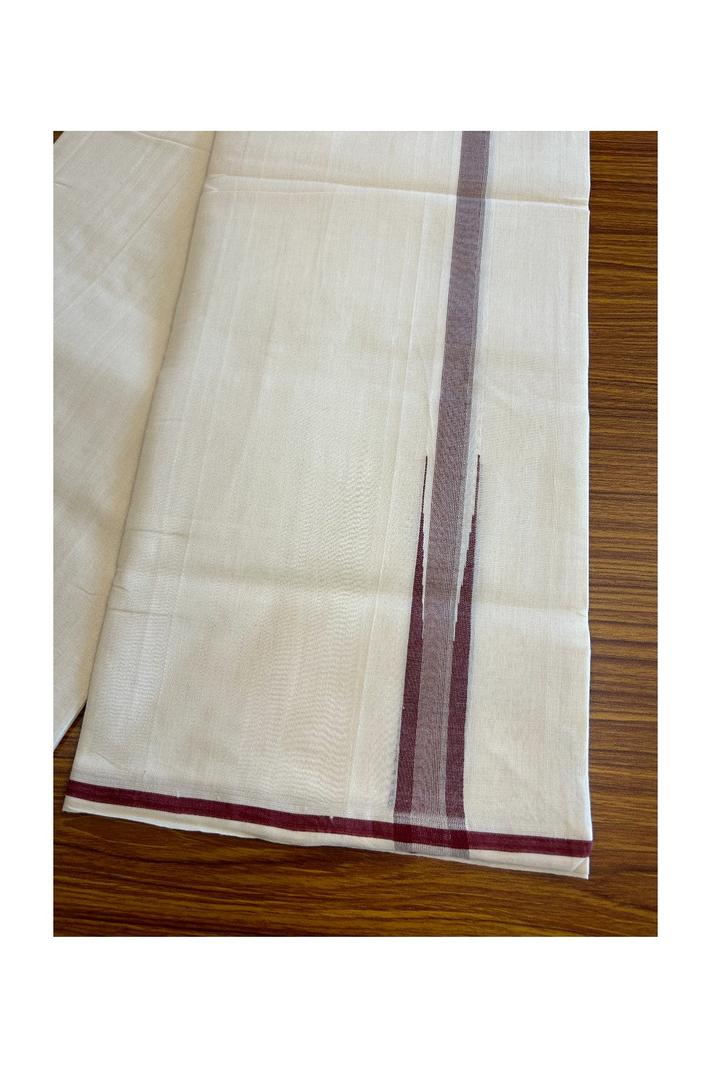 15% DISCOUNT!! KaithariKada HANDLOOM UNAKKUPAAV Balaramapuram - 100% PURE Cotton OFF White - (Unbleached) Double Mundu/Dothi - Puliyilakkara chutty 1 inch Maroon & Silver stripes - 12KK5011RAM