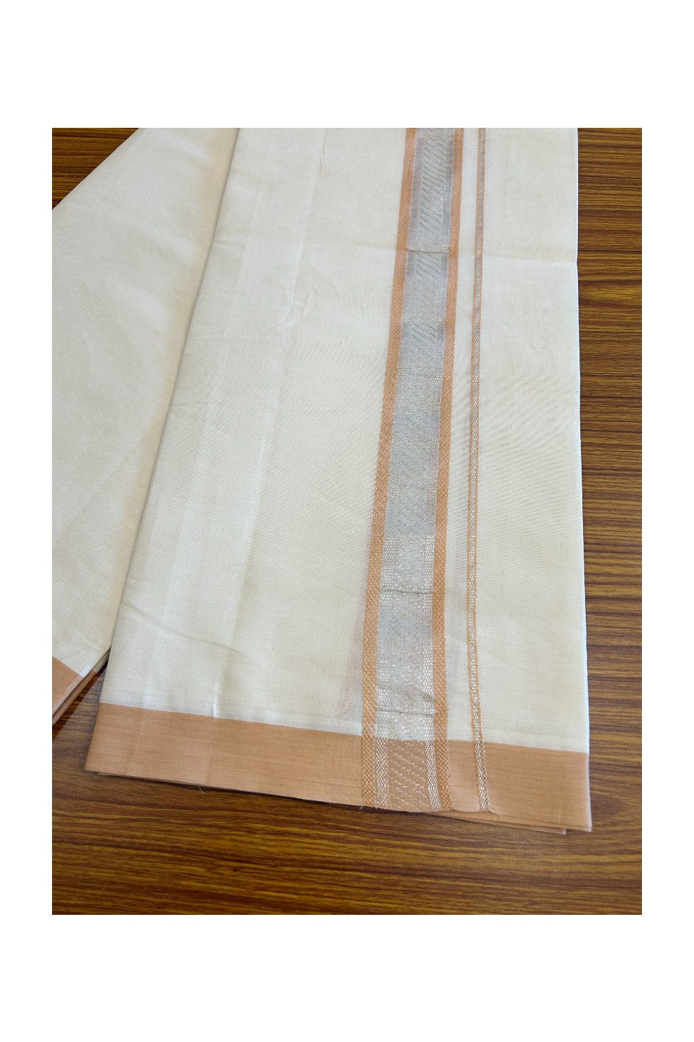 5% Discount!!! KaithariKada Balaramapuram  Double Off white - (Unbleached) Mundu/Dhoti - 80X90 - 2.25 inch SILVER  KASAVU & Orange brown pattern Kara - 12KK5037KAI