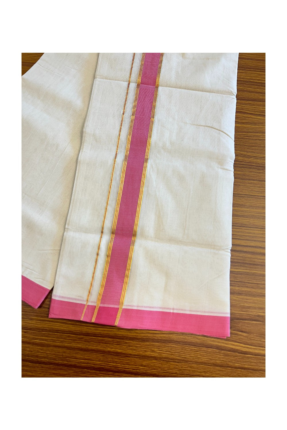 21% Discount KaithariKada HANDLOOM Unakkupaav Balaramapuram - 100% PURE Cotton Off White (Unbleached) Double Mundu/Dhoti -  2 inch Kasavu & Rose Pink-208