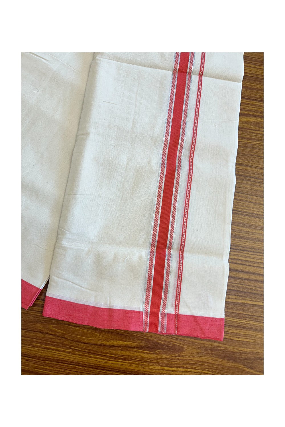 15% DISCOUNT! KaithariKada BALARAMAPURAM HANDLOOM UNAKKUPAAV - 100% PURE Cotton off white (Unbleached) Double Mundu/Dhoti -  1.75 inch Pink Red & Silver Kasavu Designer Kara- 3.60 mtr-52