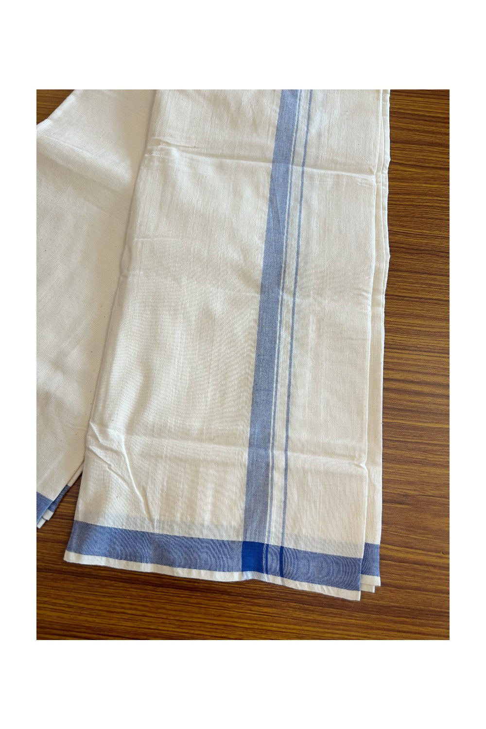 32% Discount ! KaithariKada 100% Cotton Balaramapuram HANDLOOM Single Mundu/Dhoti - Off White - (Unbleached) 1.25 inch Blue Kara - 12KK5065KK