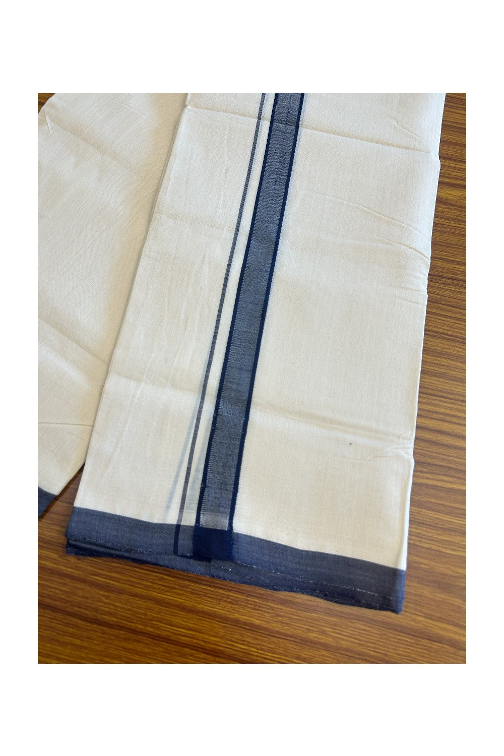 15% DISCOUNT! KaithariKada BALARAMAPURAM HANDLOOM Unakkupaav- 100% PURE Cotton 100x100 Double Mundu/Dhoti OFF WHITE (Unbleached) 3.8 mtr - Dark Navy Blue Kara