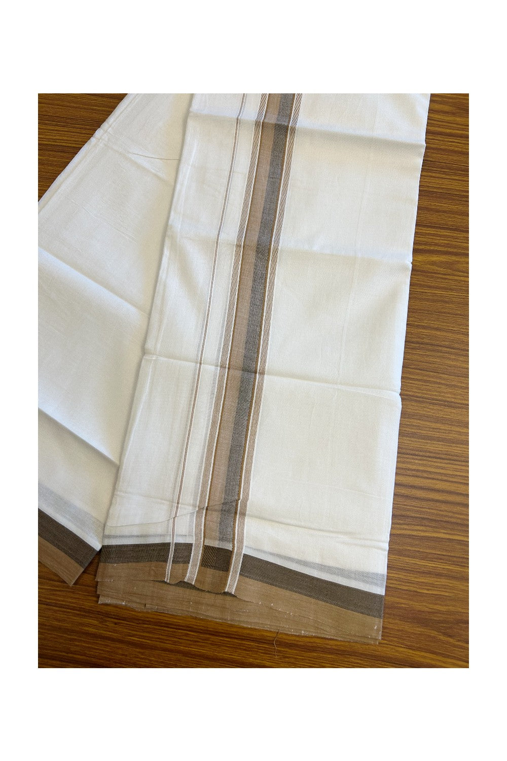 21% DISCOUNT!! Kaitharikada Balaramapuram 100% Cotton Ultra WHITE Double Mundu/Dothi-100x80 2.5 Inch Brown And Walnut Brown Striped Cotton Kara - 12KK5067KK