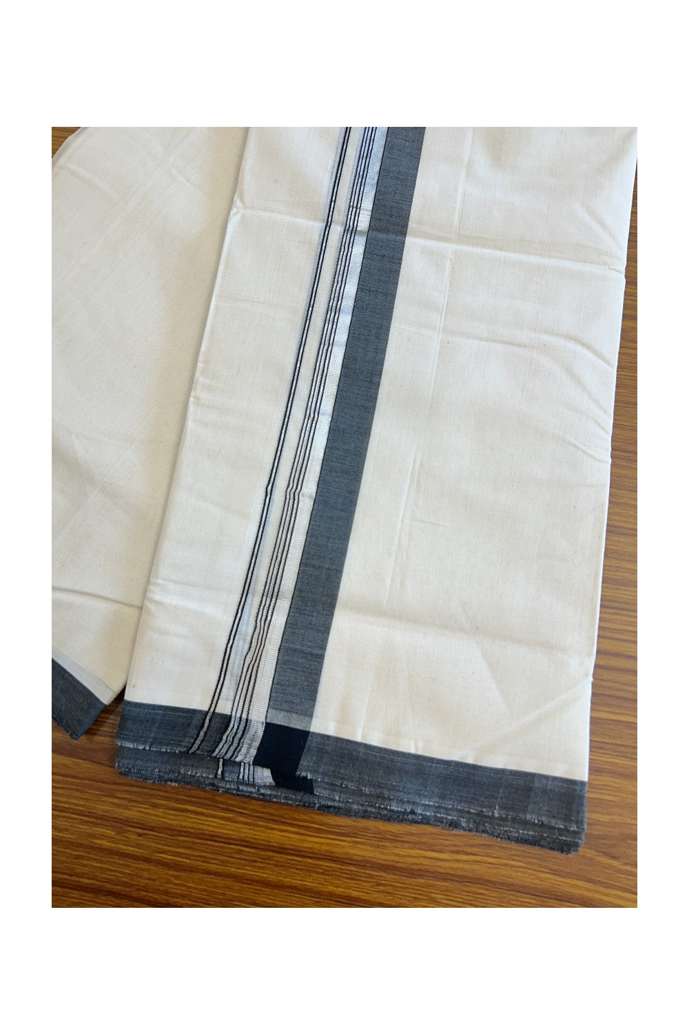 19% Discount !! KaithariKada HANDLOOM millpaav Balaramapuram - 100% PURE Cotton OFF White Double - (Unbleached)  Mundu/Dothi - 2.25  inch Silver kasavu stripes & Black shaded kara 4.5 Meters (10 Muzham) - 12KK5081RAM