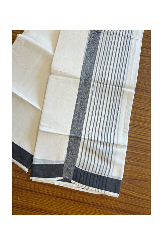 20% DISCOUNT!! KaithariKada Balaramapuram 100% Cotton PURE WHITE Double Mundu/Dhoti - 100x80 - 4.5 inch Black Shaded striped kara - 12KK5109THI