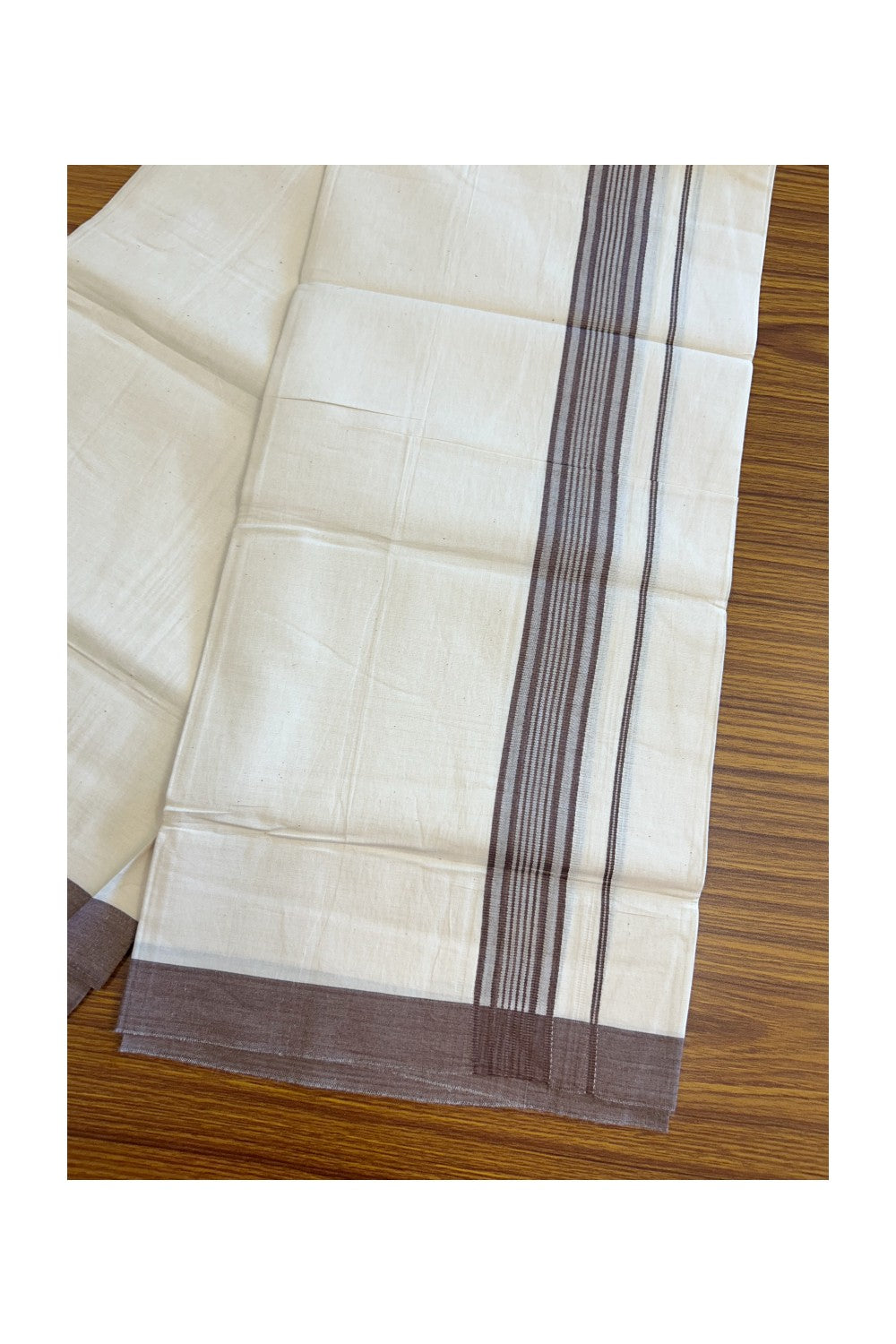 8% Discount ! Kaitharikada Balaramapuram 100% Cotton OFF WHITE SINGLE Mundu/Dothi (40s) - 2 inch Brown & White shaded Stripes Kara (2 meter / 4 muzham) - 12KK5114THI