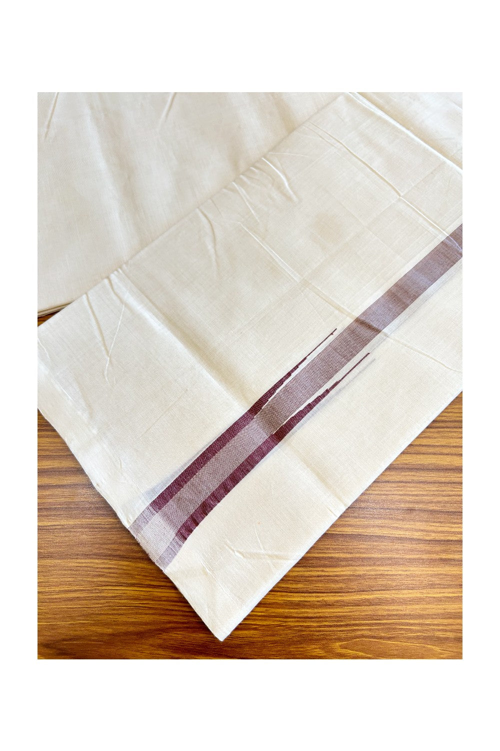 30% DISCOUNT! KaithariKada BALARAMAPURAM HANDLOOM UNAKKUPAAV - 100% PURE Cotton Off white (Unbleached) Double Mundu/Dhoti - 1.25 inch Dark Maroon & Silver Kasav Chutty Kara - 12KK5123RAM