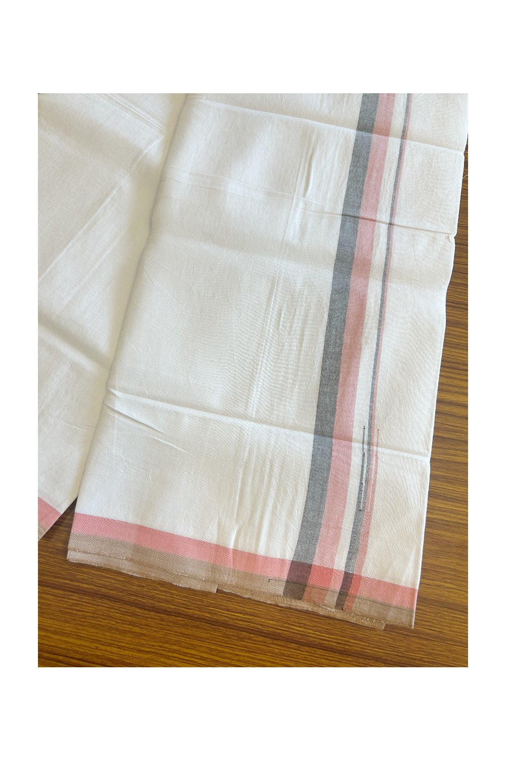 SIGNATURE KAITHARIKADA EXCLUSIVE SINGLE DHOTI - 100% Cotton Balaramapuram HANDLOOM Single Mundu/Dhoti - PURE WHITE - 1 inch Peach & Black Chutty Kara (2 meters /4 muzham) - 10KK5127ASH