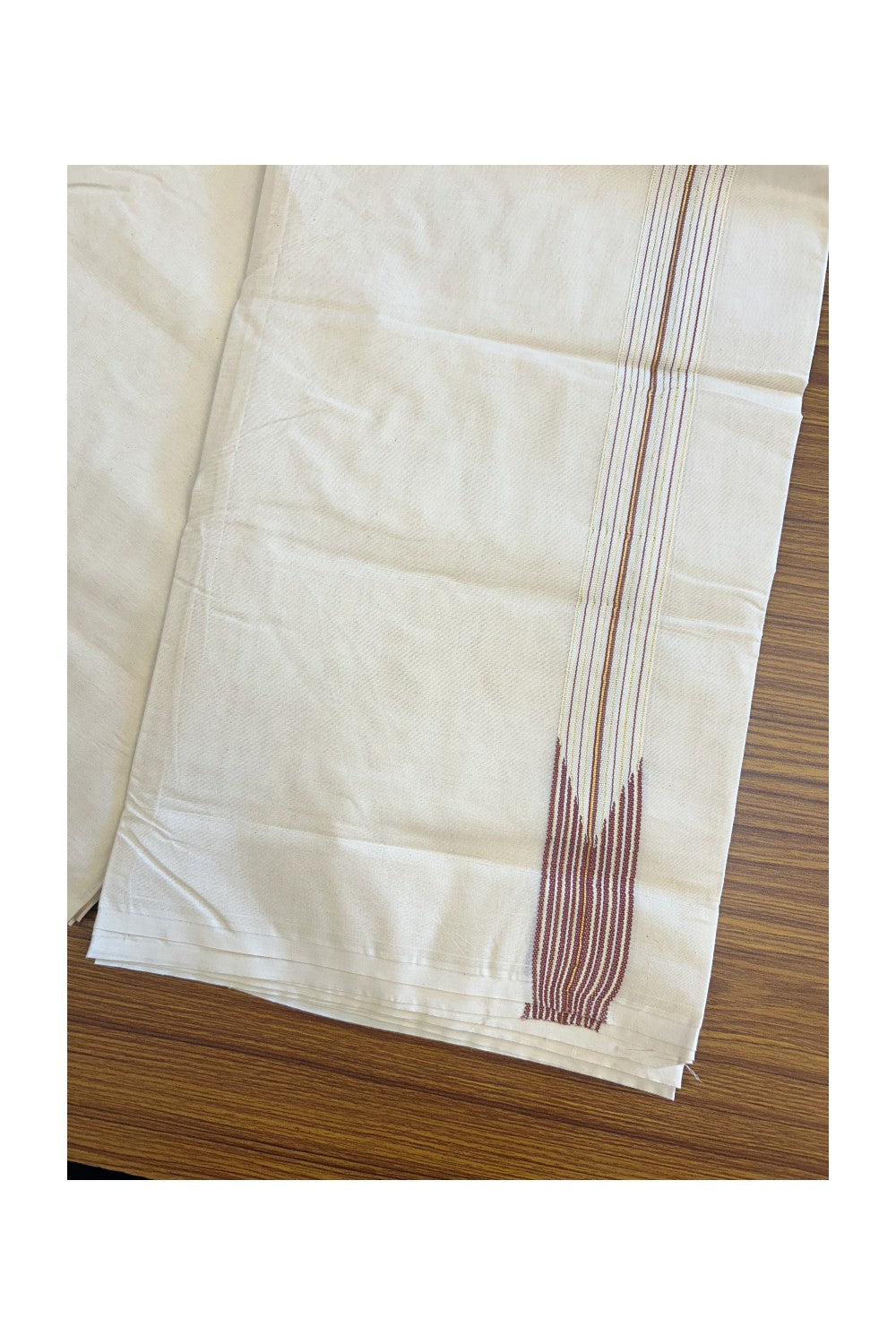 19% DISCOUNT ! KaithariKada 100% Cotton OFF WHITE - (Unbleached) Double Dhoti/Mundu- 100x100 -1.5 inch 12 Line Puliyilakkara Light Maroon & Kasavu Striped Kara- 12KK5133ASH