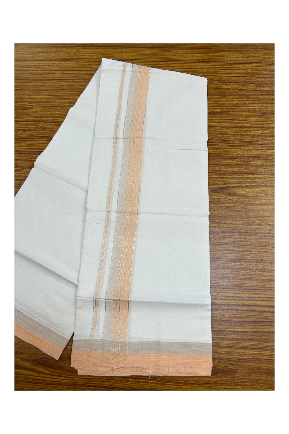 20% Discount !! KaithariKada Balaramapuram Double PURE WHITE Mundu/Dhoti- 100x80 - 1.5 inch Peach Light Brown Kara Silver Striped kara - 12KK5143PMC