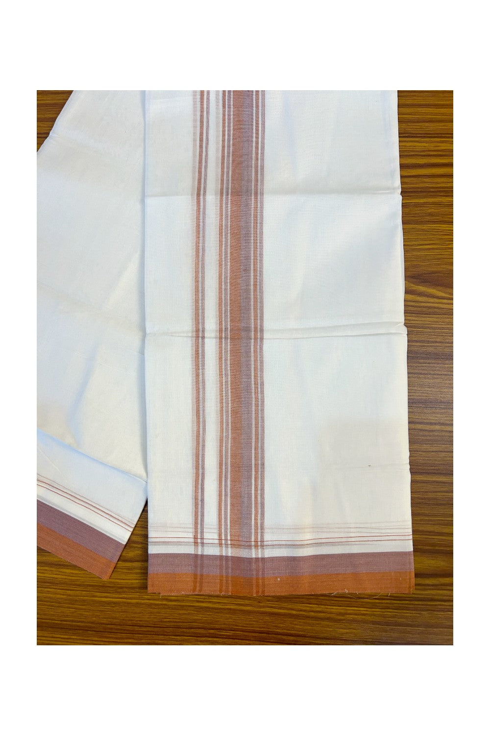 21% DISCOUNT!! Kaitharikada Balaramapuram 100% Cotton Ultra WHITE Double Mundu/Dothi-100x80  2.5 Inch BROWN & PINK STRIPED Cotton Kara -12KK63VAS