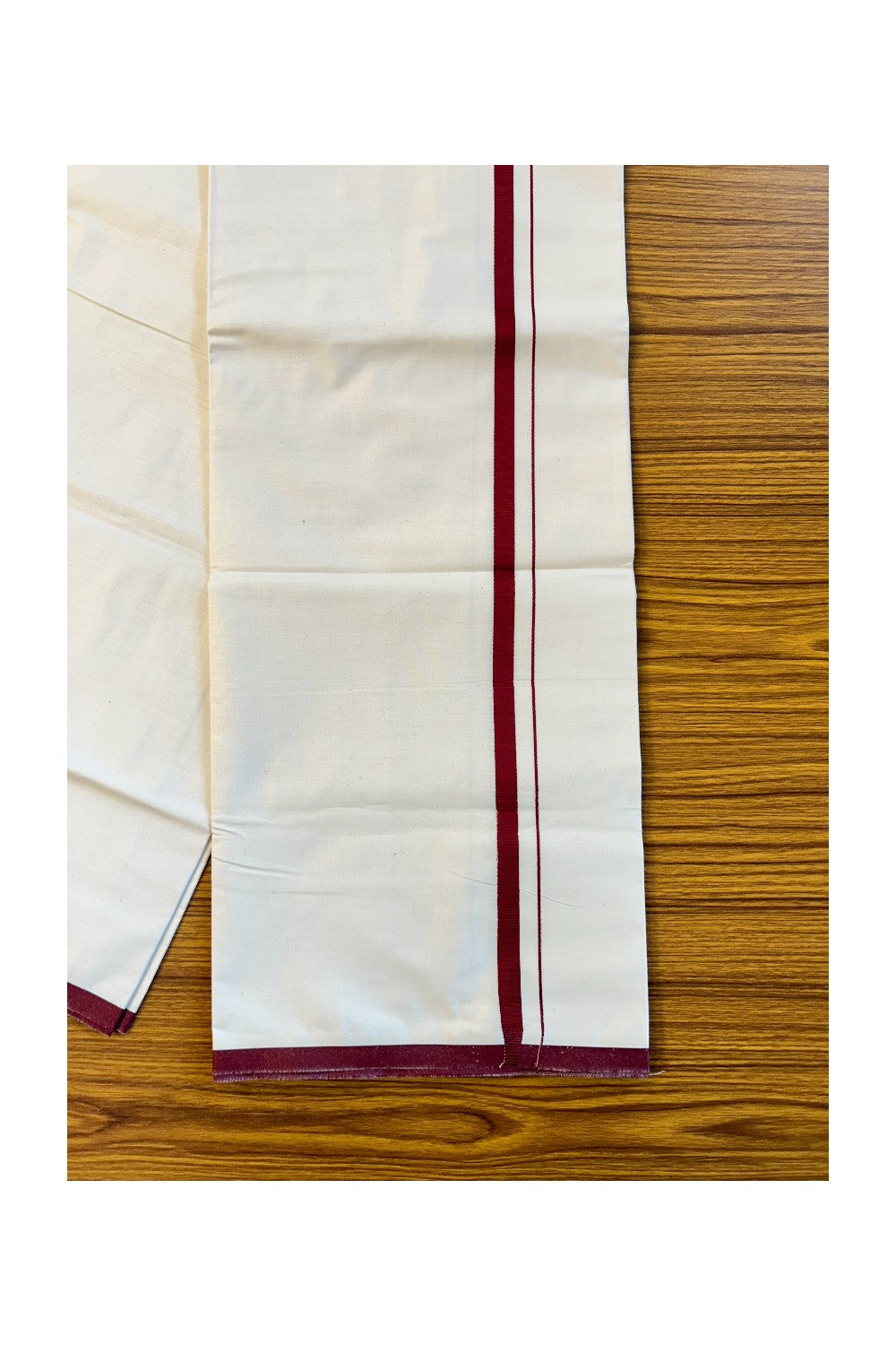 10% DISCOUNT ! KaithariKada Balaramapuram 100%  Cotton Single Off white (Unbleached) Mundu/Dhoti-(60S)- 2.5 cm MAROON  Kara-12KK76MC.