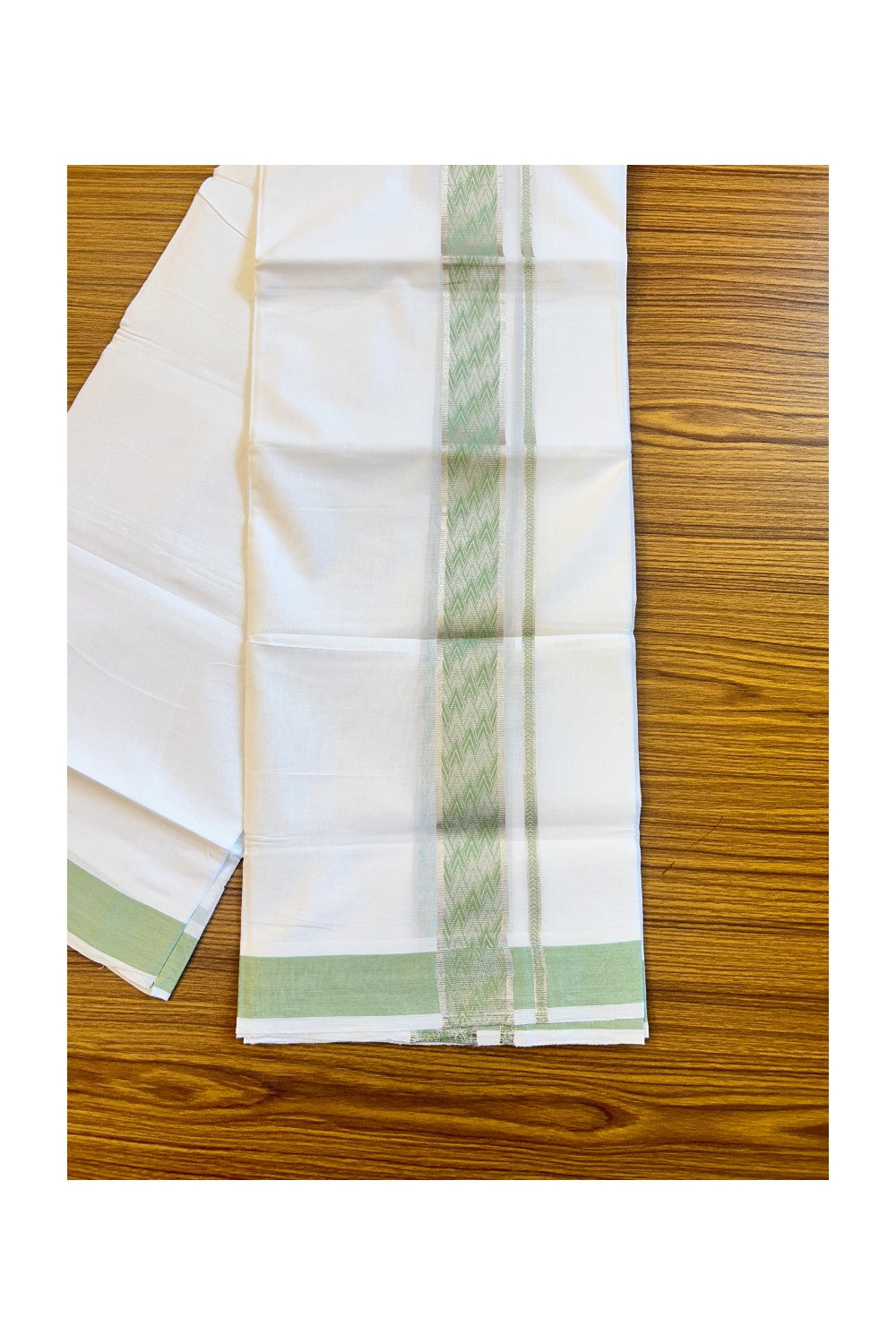 20% DISCOUNT! KaithariKada Balaramapuram 100% Cotton Double PURE white Mundu/Dhoti-100x100  2.25 Inch Silver kasavu parrot green pattern Kara  - 12KK79PMC