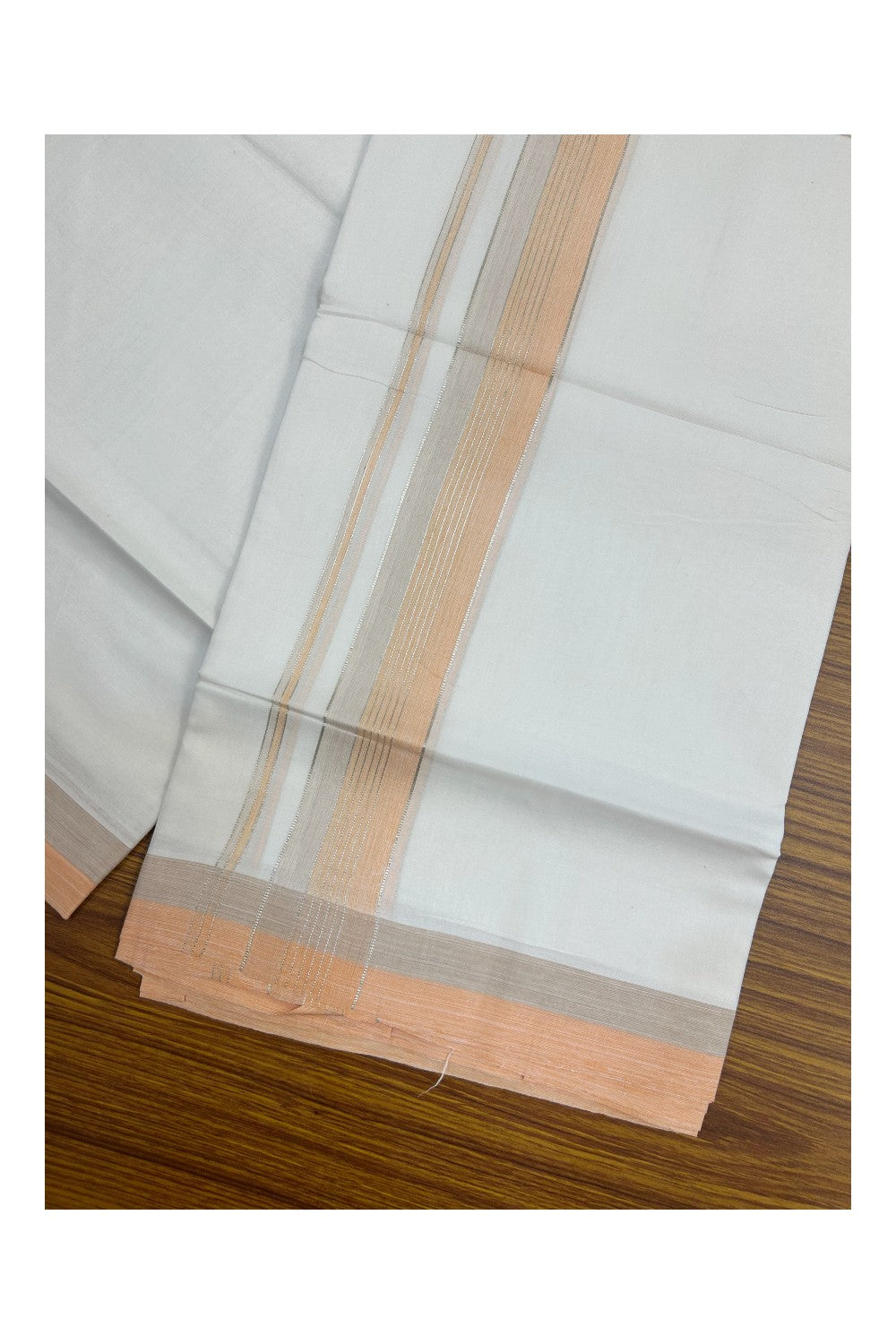 20% Discount !! KaithariKada Balaramapuram Double PURE WHITE Mundu/Dhoti- 100x80 - 1.5 inch Peach Light Brown Kara Silver Striped kara - 12KK5143PMC