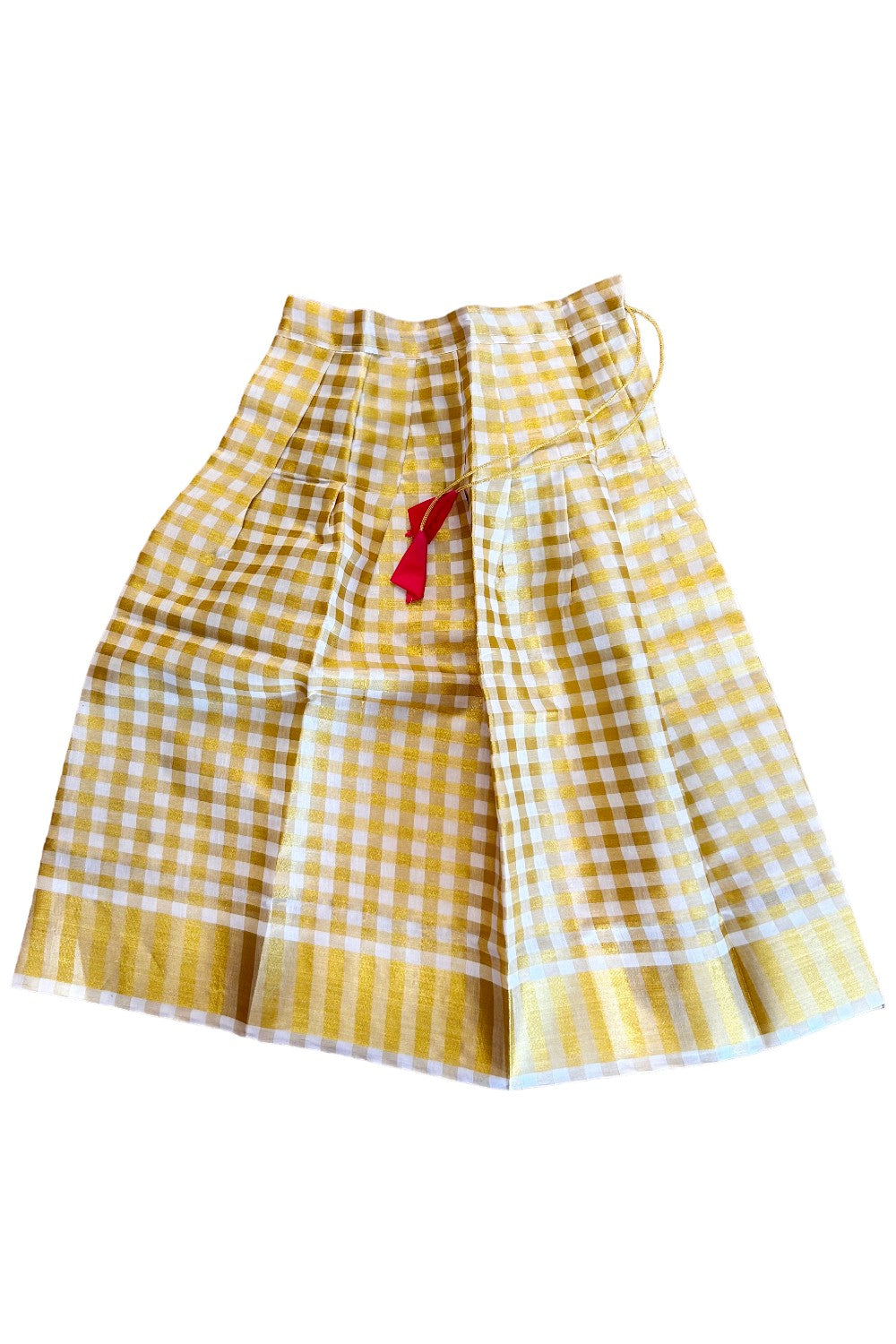 Midukki-Traditional South Indian Kids Pattu Pavada- Red top offwhite check skirt with kasavu - Age 8 - KK8MID0012