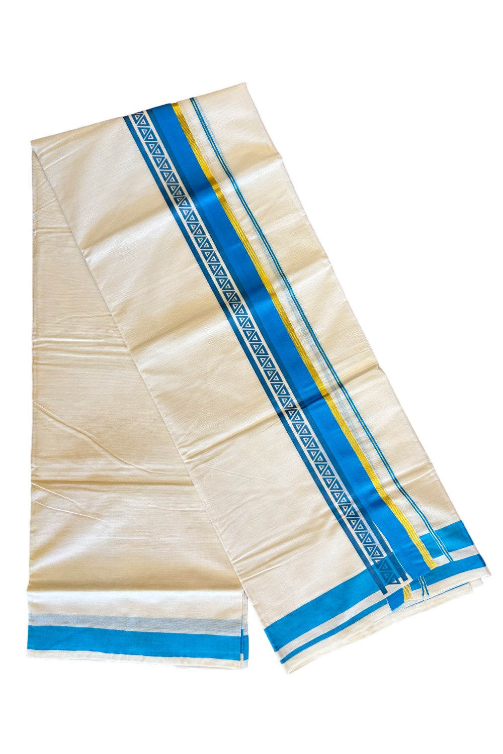 32% Discount !! KaithariKada Balaramapuram 100% Cotton Off white Double Mundu/Dhoti - 80x72 - 3 Inch Kasavu Sky blue pattern printed kara - 121KK470VIN