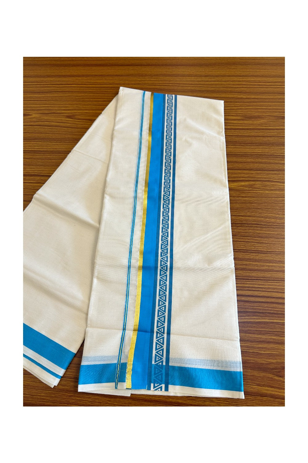 32% Discount !! KaithariKada Balaramapuram 100% Cotton Off white Double Mundu/Dhoti - 80x72 - 3 Inch Kasavu Sky blue pattern printed kara - 121KK470VIN