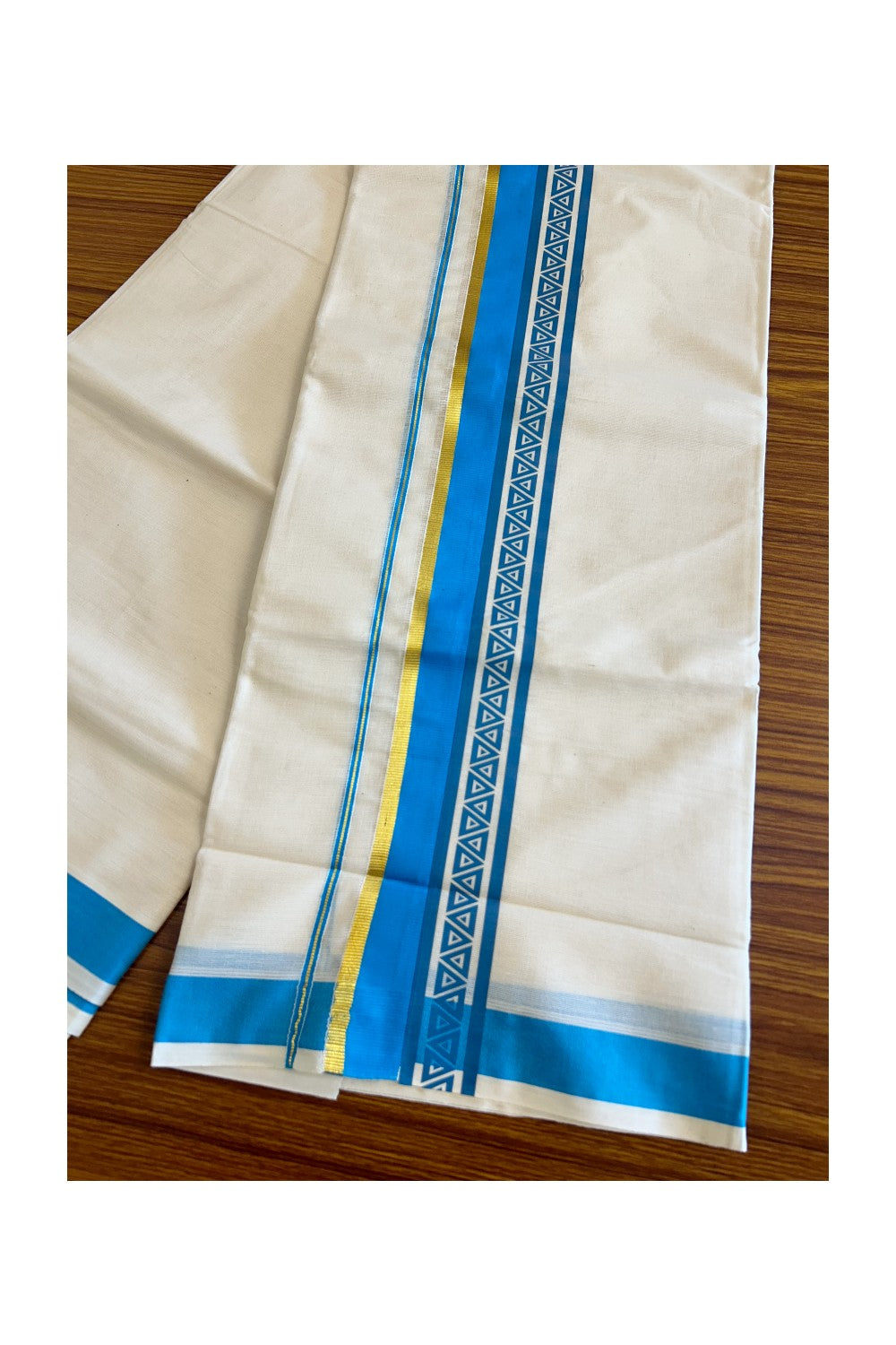 32% Discount !! KaithariKada Balaramapuram 100% Cotton Off white Double Mundu/Dhoti - 80x72 - 3 Inch Kasavu Sky blue pattern printed kara - 121KK470VIN