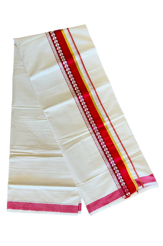 32% Discount !! KaithariKada Balaramapuram 100% Cotton Off white Double Mundu/Dhoti - 80x72 - 3 Inch Kasavu Red pattern printed kara - 123KK470VIN