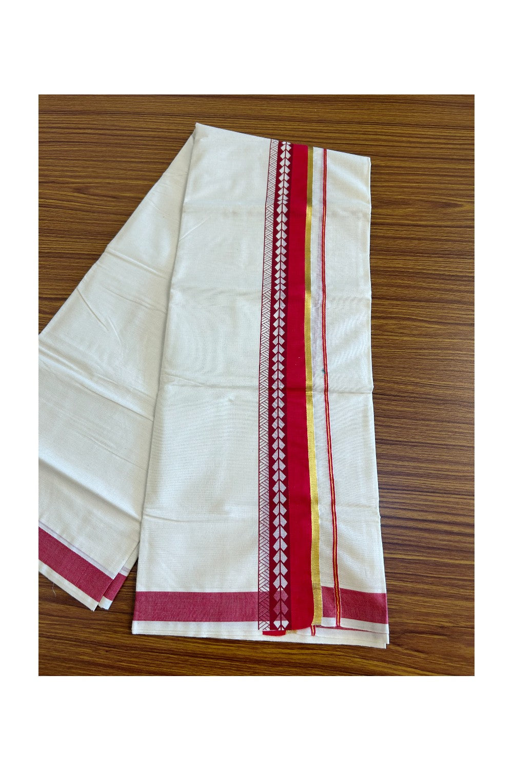 32% Discount !! KaithariKada Balaramapuram 100% Cotton Off white Double Mundu/Dhoti - 80x72 - 3 Inch Kasavu Red pattern printed kara - 123KK470VIN