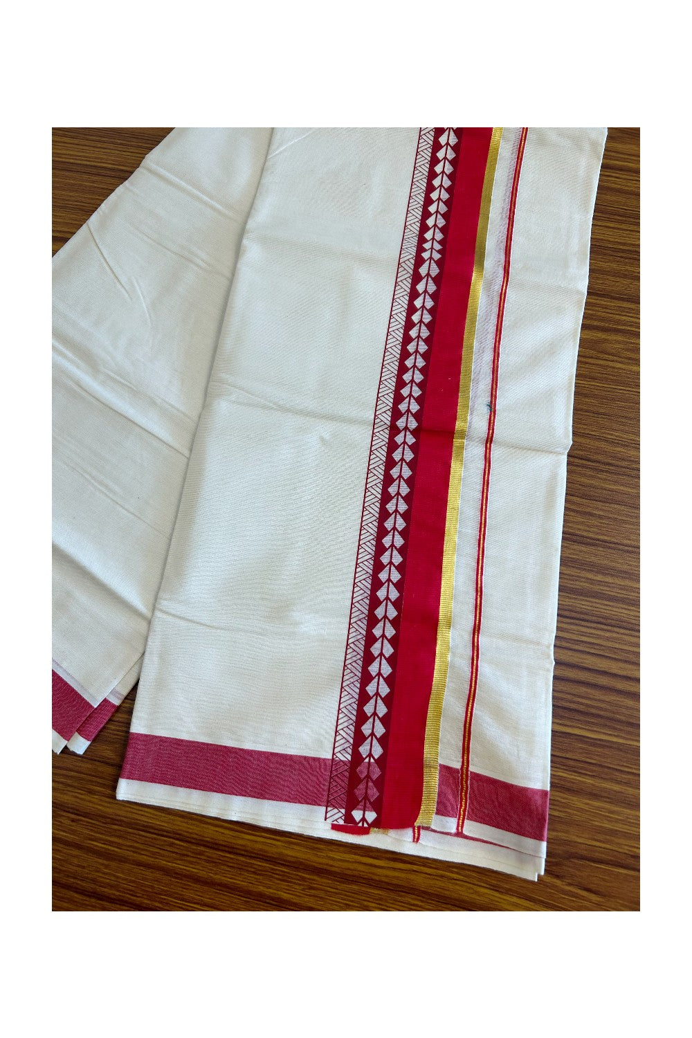 32% Discount !! KaithariKada Balaramapuram 100% Cotton Off white Double Mundu/Dhoti - 80x72 - 3 Inch Kasavu Red pattern printed kara - 123KK470VIN