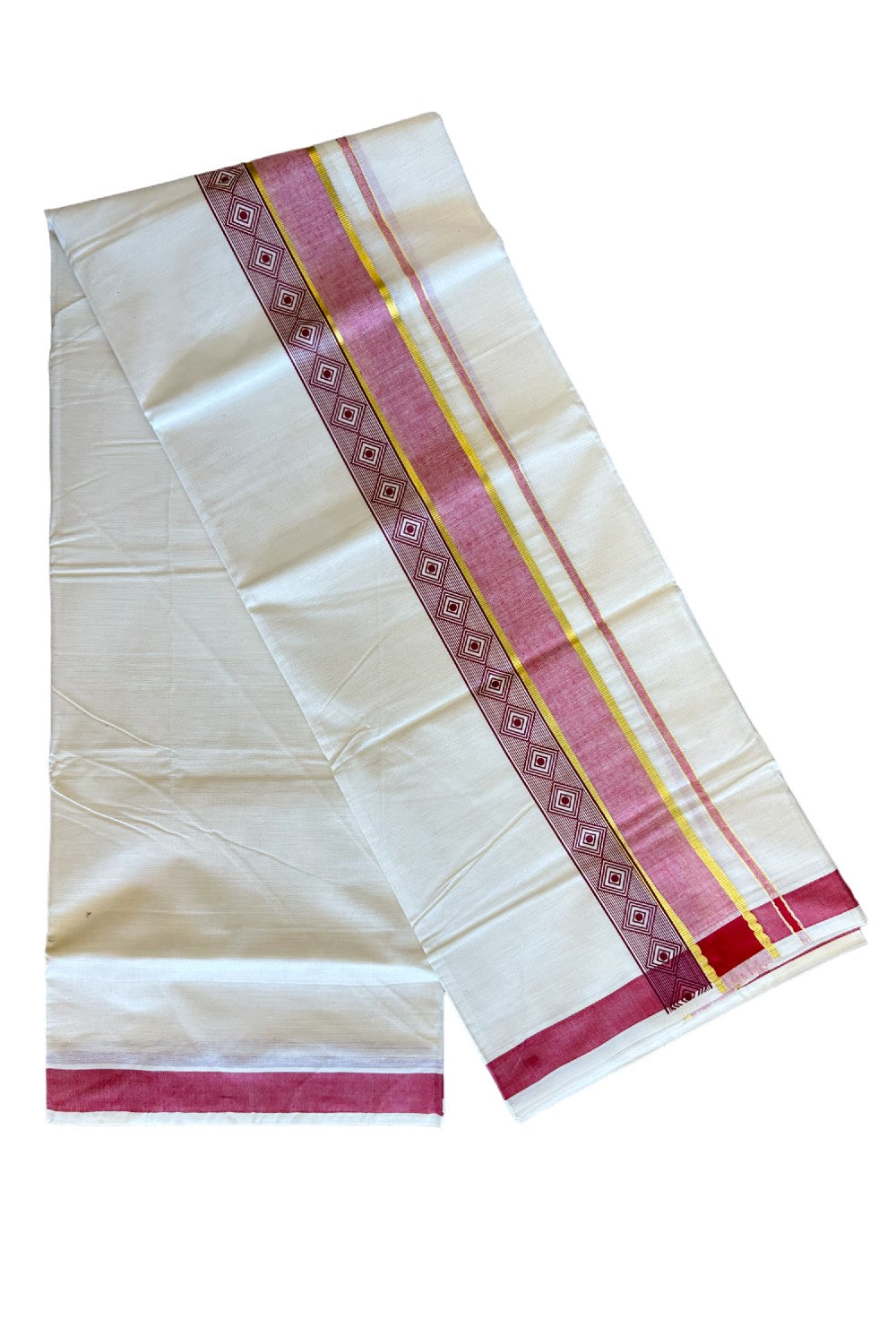 32% Discount !! KaithariKada Balaramapuram 100% Cotton Off white Double Mundu/Dhoti - 80x72 - 3.75 Inch Kasavu Red shaded pattern printed kara - 124KK470VIN