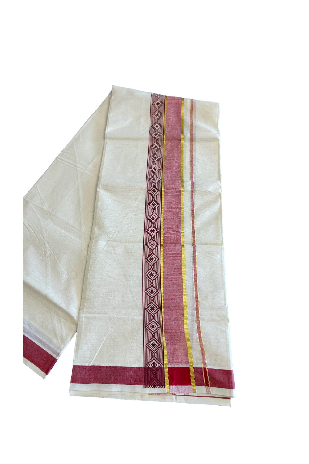 32% Discount !! KaithariKada Balaramapuram 100% Cotton Off white Double Mundu/Dhoti - 80x72 - 3.75 Inch Kasavu Red shaded pattern printed kara - 124KK470VIN