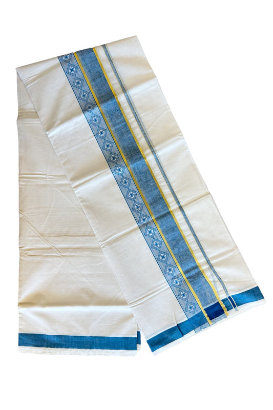 32% Discount !! KaithariKada Balaramapuram 100% Cotton Off white Double Mundu/Dhoti - 80x72 - 3.75 Inch Kasavu Peacock blue shaded pattern printed kara - 125KK470VIN