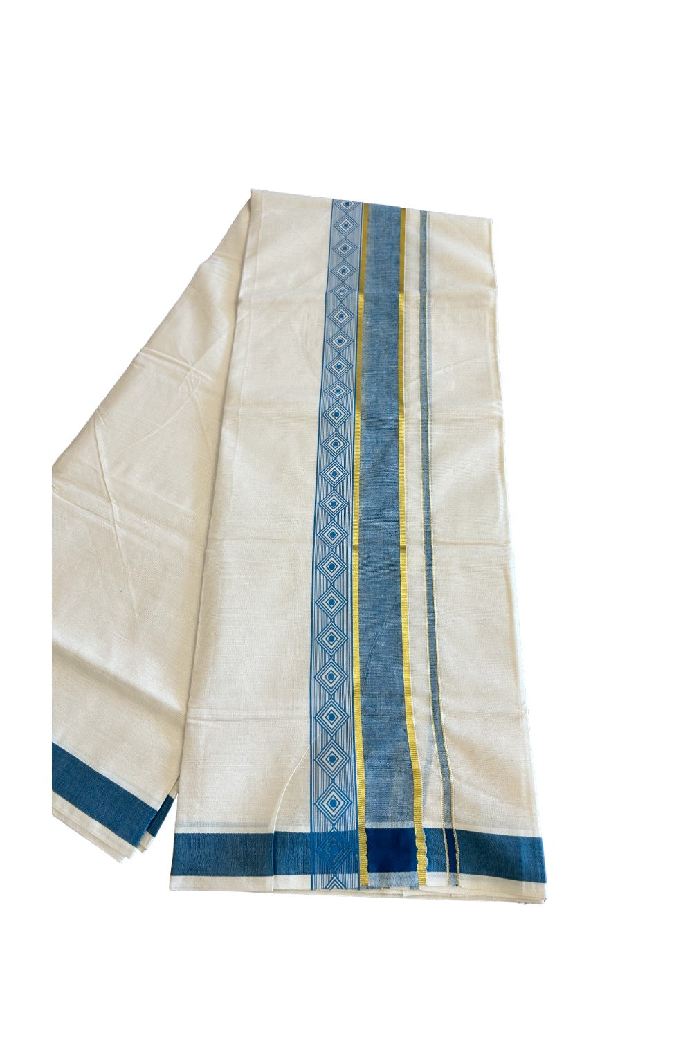 32% Discount !! KaithariKada Balaramapuram 100% Cotton Off white Double Mundu/Dhoti - 80x72 - 3.75 Inch Kasavu Peacock blue shaded pattern printed kara - 125KK470VIN