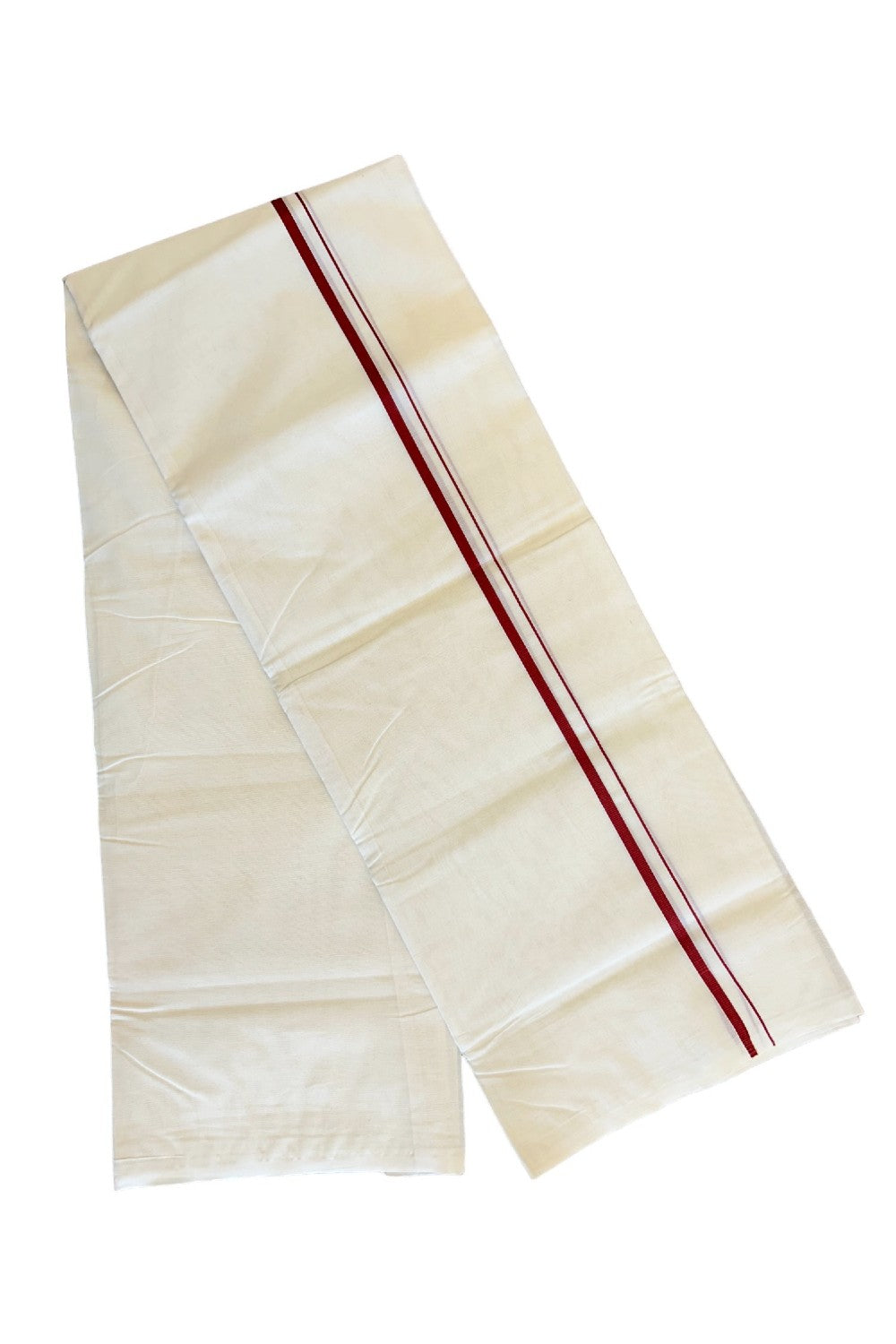 18% DISCOUNT ! KaithariKada Balaramapuram 100% Cotton Double Off white Mundu/Dhoti-100X100- 2. cm Red Kara.- 13KK417ASH