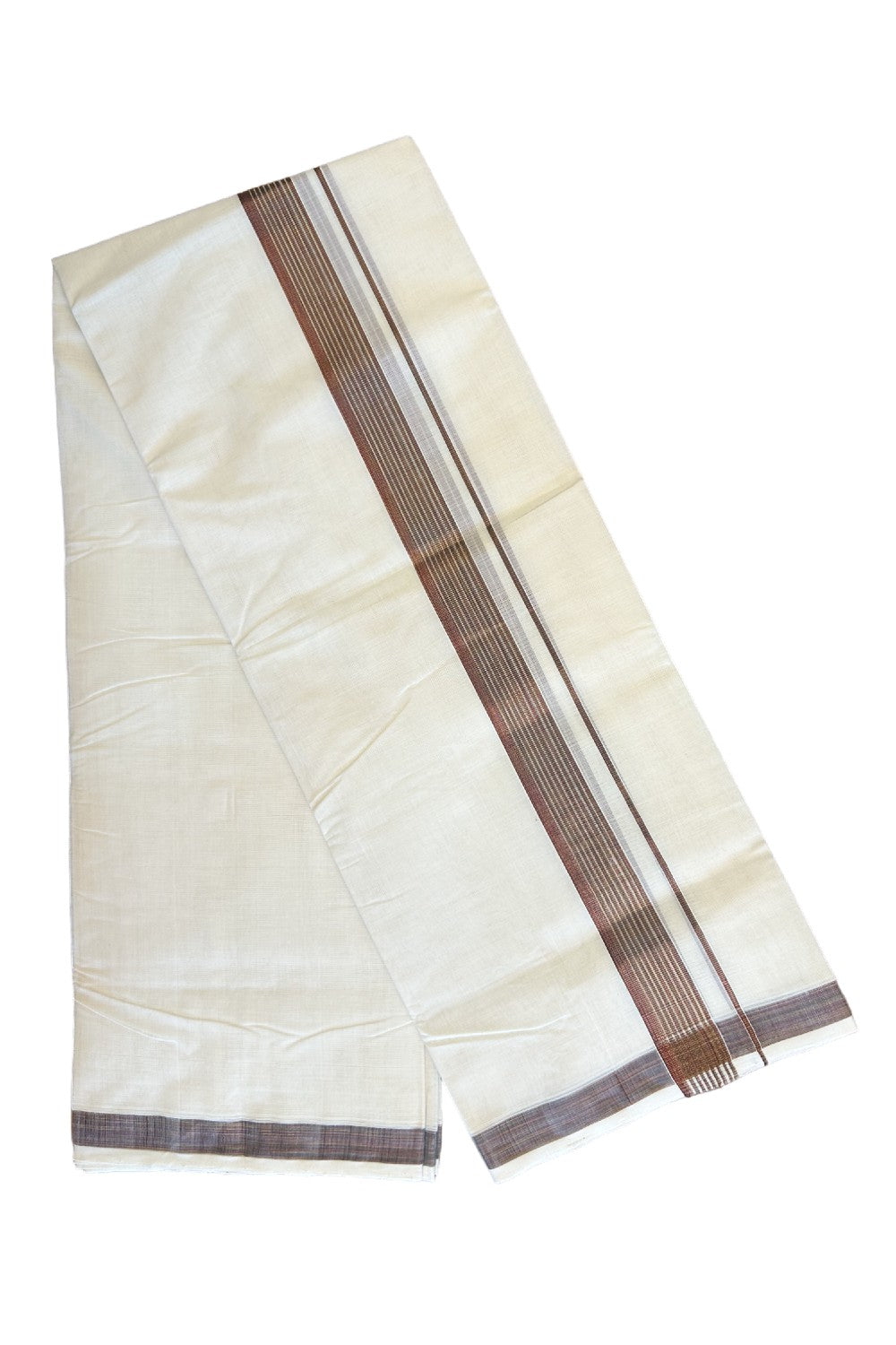 15% DISCOUNT!! KaithariKada HANDLOOM Millpaav Balaramapuram - 100% PURE Cotton OFF White - (Unbleached) Double Mundu/Dothi - 2.25 inch Brown & kasavu striped kara - 13KK453RAM