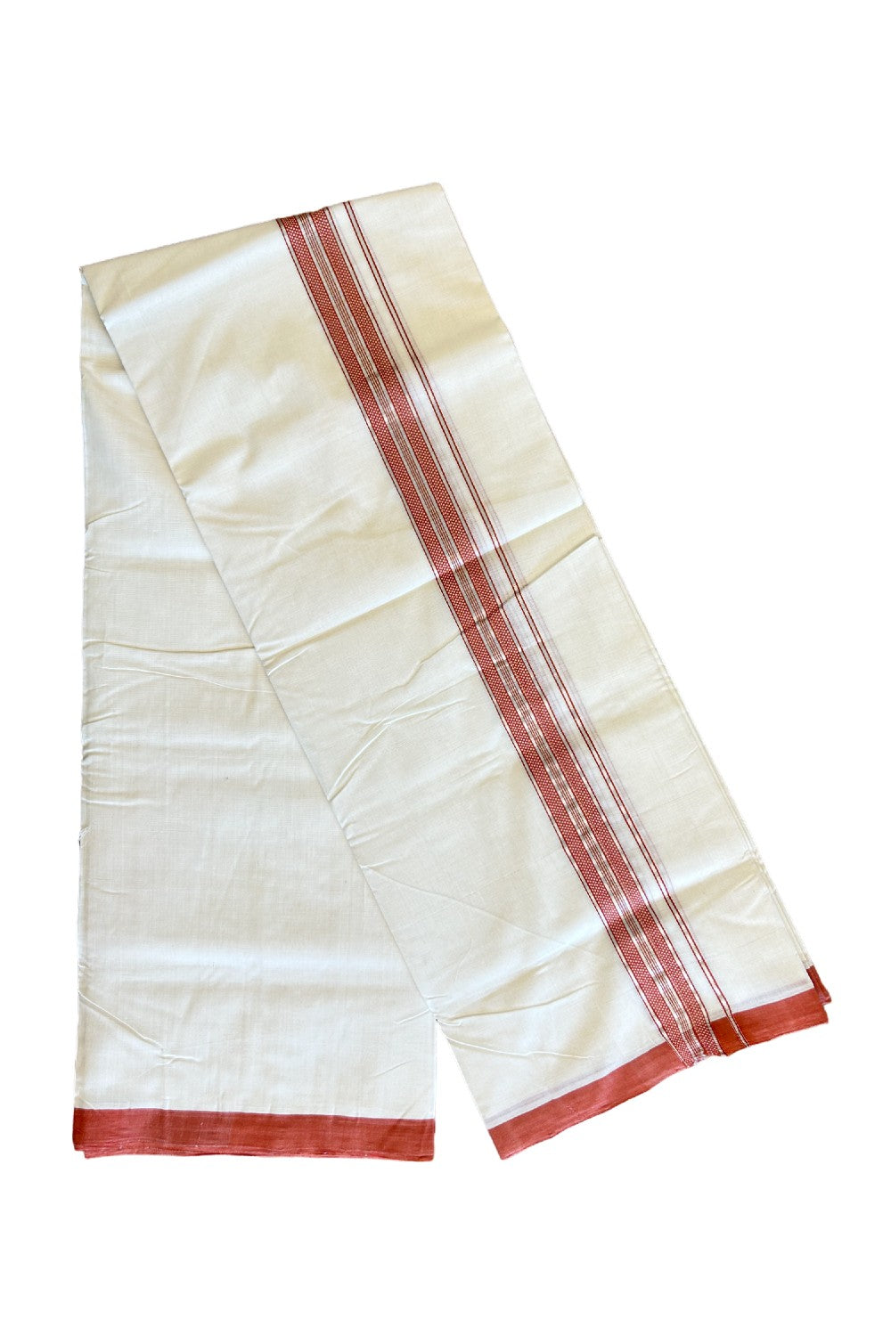 15% Discount!!! KaithariKada HANDLOOM UNAKKUPAAV Balaramapuram - 100% PURE Cotton off white (Unbleached) Double Mundu/Dhoti - 2 inch Brick red & silver kasavu pattern kara - 13KK458SOM