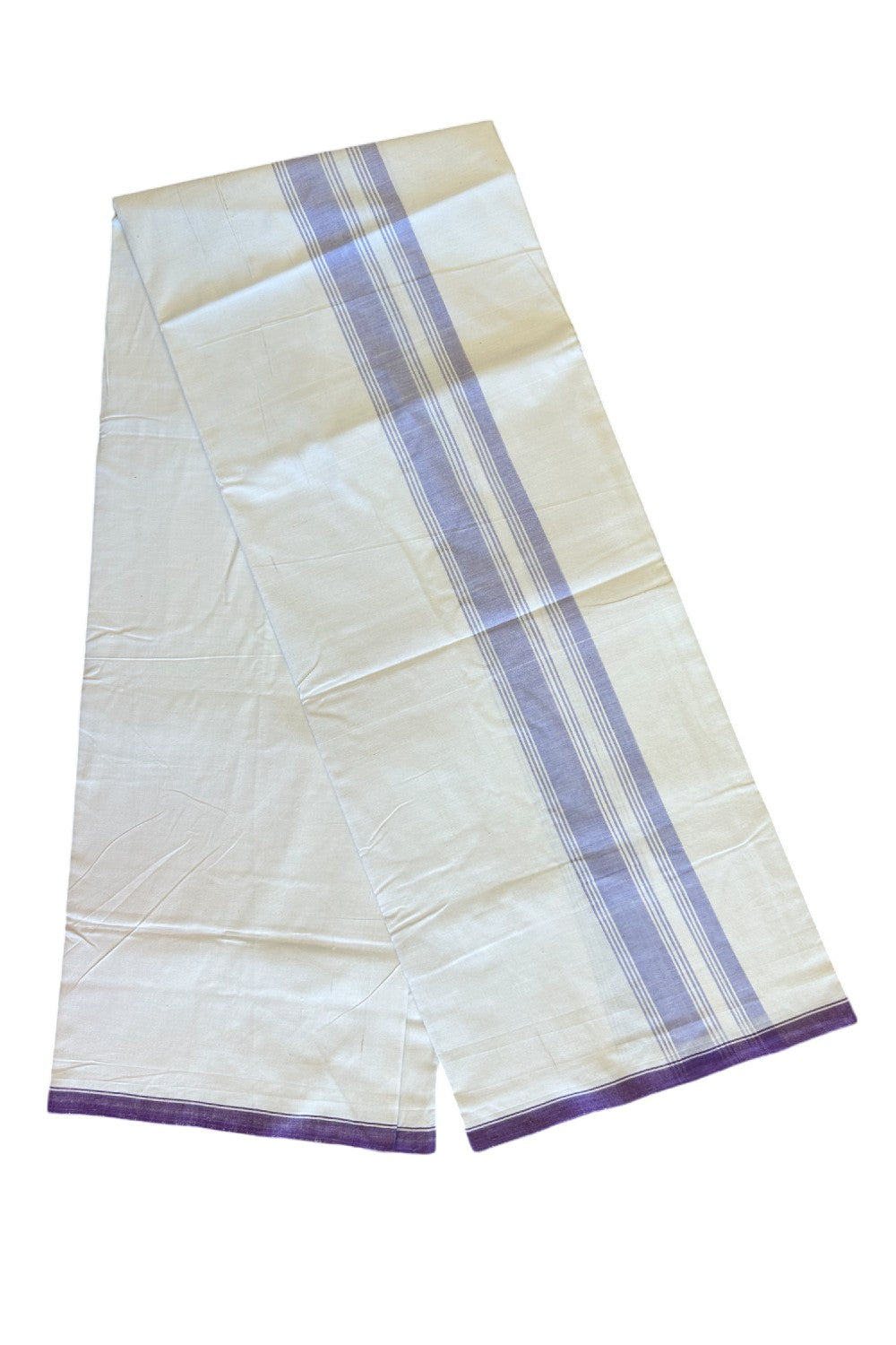 Ultimate HANDLOOM-19% Discount! - Kaitharikada Kalamachal-Government Sealed HALLMARKED-100% PURE COTTON! (80x80) Twisted Thread- Light WHITE SINGLE Mundu / Dhoti - 2.75 inch Violet Striped Kara - 13KK478KAL