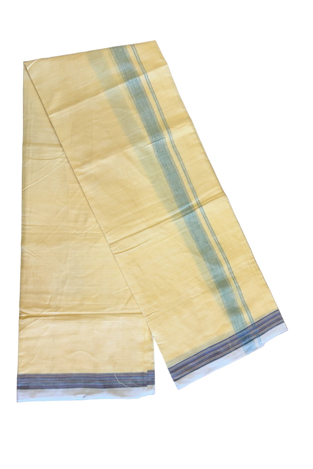 10% DISCOUNT ! KaithariKada Kalamachal 100% Pure Cotton - (80X80) Twisted Thread Handloom Single Mundu/Dhoti - Kannur YELLOW COLOUR  BODY & green stripes 1.75 inch Kara- 13KK479KAL