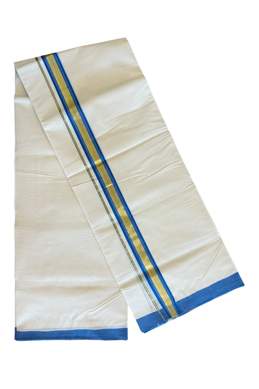 21% Discount KaithariKada Balaramapuram Handloom 100% Cotton Double Off white Mundu/Dhoti-100X100- 2 inch Gold Kasavu & Blue Kara.- 13KK498KK