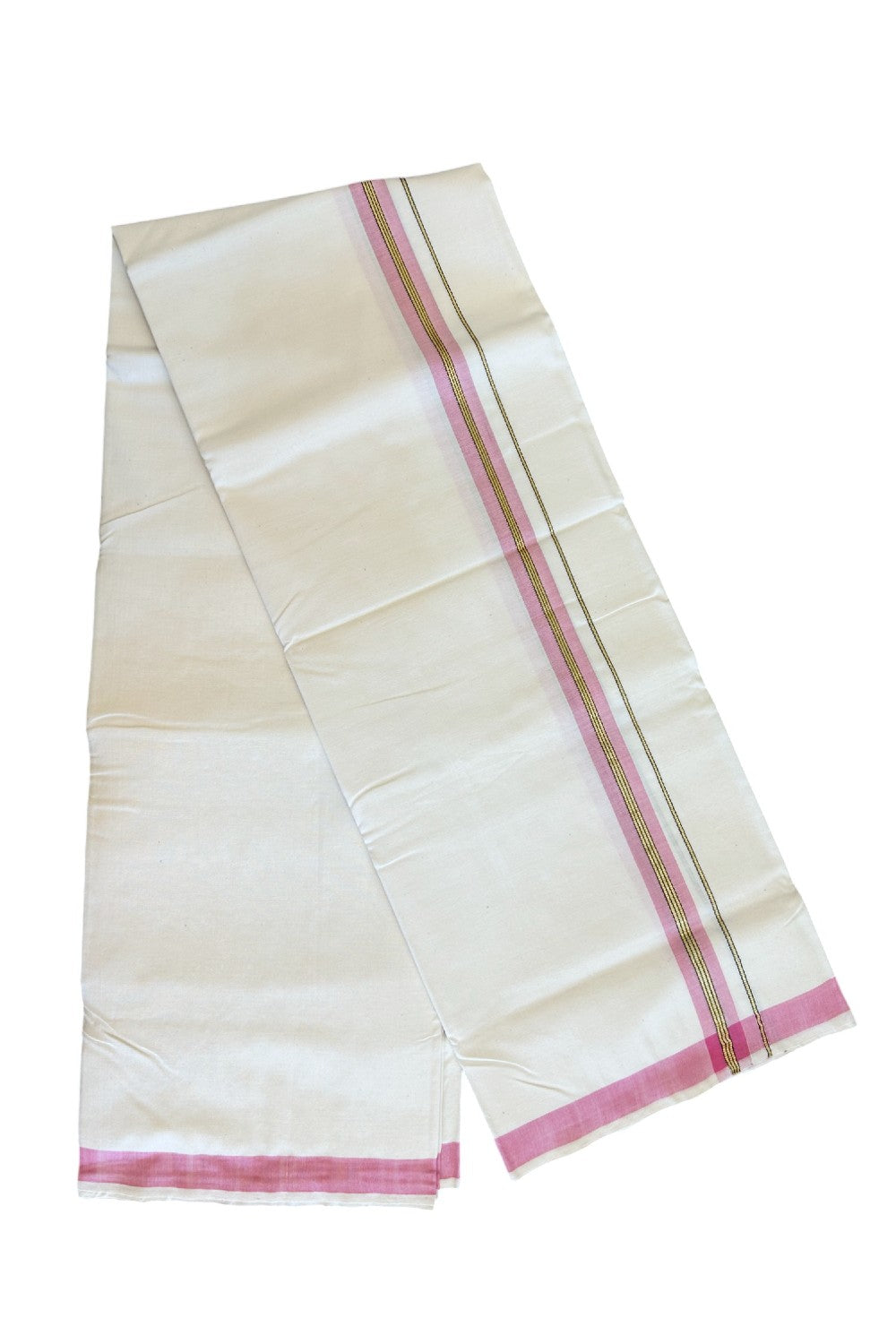 32% Discount KaithariKada 100% Cotton Balaramapuram HANDLOOM Single Mundu/Dhoti - Off White - (Unbleached) 1.5 inch Kasavu & Pink Striped Kara  - 13KK499KK