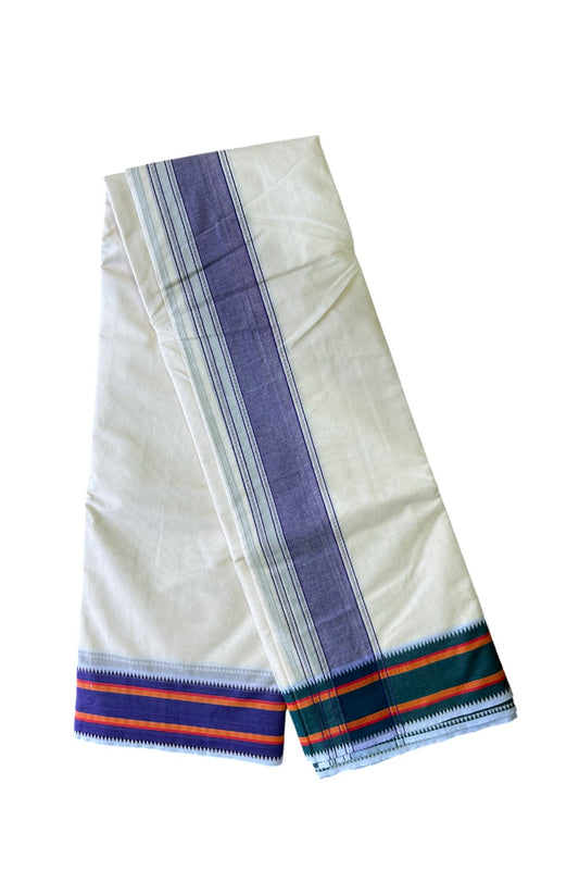 37% DISCOUNT! KaithariKada 100% Cotton Off White - (Unbleached) - Pure Cotton -100x100 thread - NORTH INDIAN - ATTACHED GAMCHA 10x6 Dhoti Violet kara with Violet Green & Orange Striped border - 13KK5004PMC