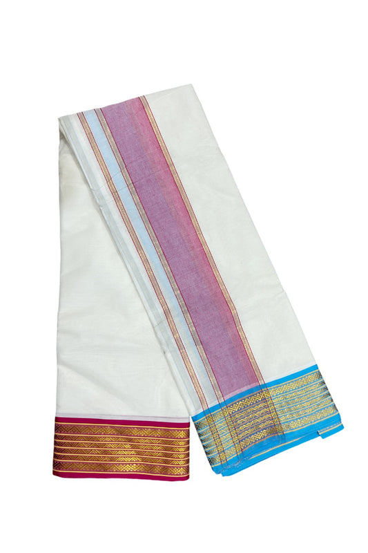 36% DISCOUNT! KaithariKada - Cotton Mix - Off White - (Unbleached) 80x80 thread - 80% Cotton & 20 % Polyester - NORTH INDIAN - ATTACHED GAMCHA 9X5 Dhoti 4.5 inch Magenta kara with Blue & Magenta Kasavu border  - 13KK5005PMC