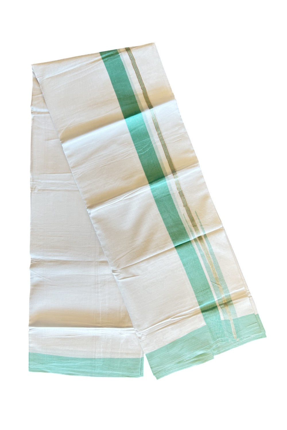 Kaitharikada  Balaramapuram 100% Pure Cotton PURE WHITE Double Mundu/Dothi - 80x92 - 1.5 Inch Aquamarine Green & Silver Chutty kara - 13KK5022VAN