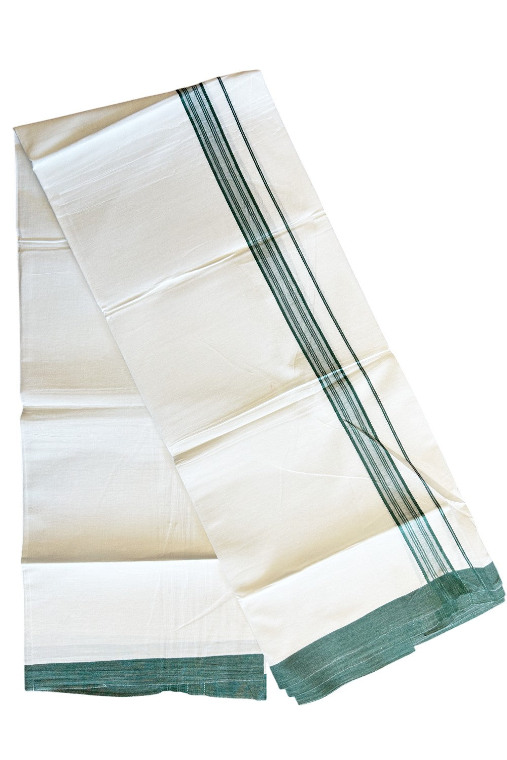 8% Discount ! Kaitharikada Balaramapuram 100% Cotton PURE WHITE SINGLE Mundu/Dothi- 1.75 inch Dark Green Striped Kara - 13KK5032GAN