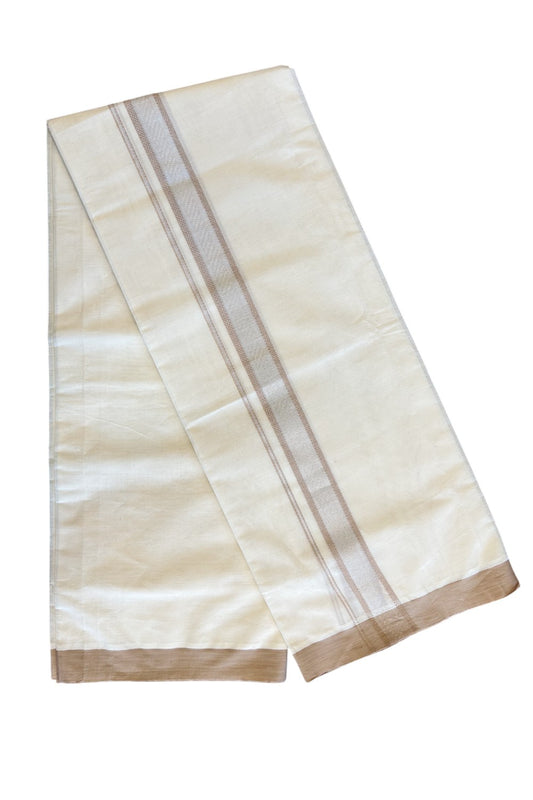 5% Discount!!! KaithariKada Balaramapuram  Double Off white - (Unbleached) Mundu/Dhoti - 80X90 - 2 inch SILVER  KASAVU & Peanut brown pattern Kara - 13KK5037KAI