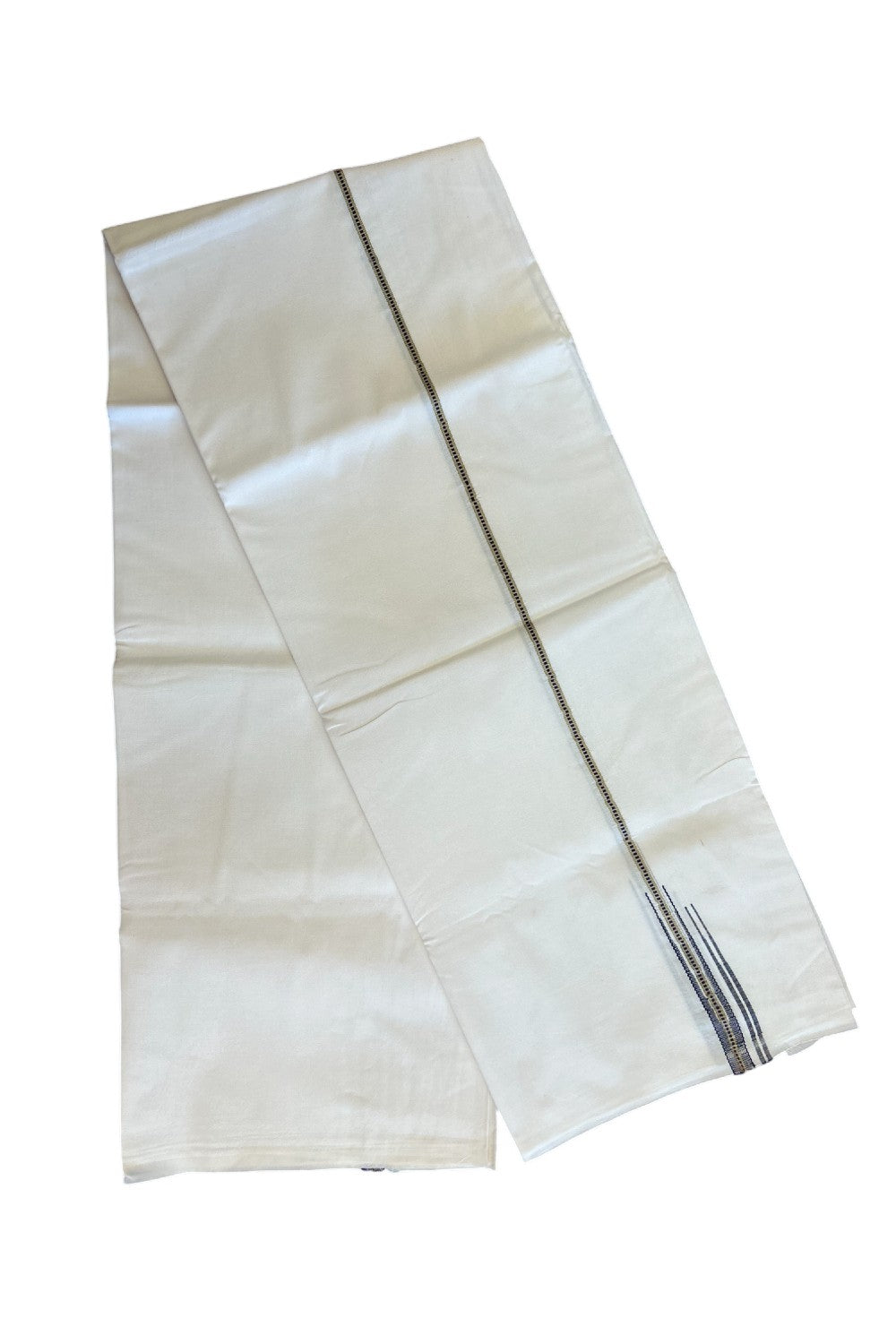 4% DISCOUNT!! KaithariKada Balaramapuram 100% Cotton PURE WHITE Single Mundu/Dhoti-100x100 1 cm  Puliyilakkara MUTHUKKURI Silver & Navy Blue Double chutty - 13KK5043ASH